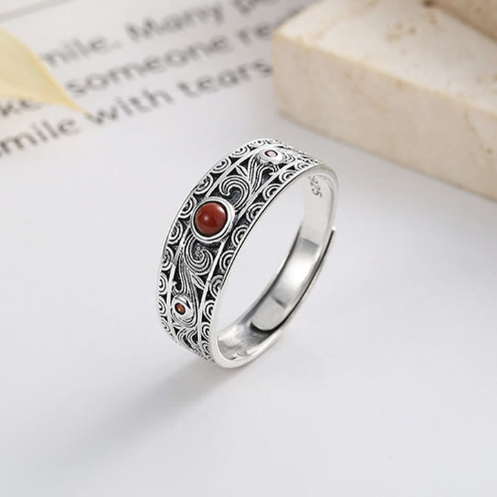 Ring mit Buddha-Steinen aus 925er Sterlingsilber mit eingebettetem rotem Achat und glückverheißenden Wolken für logisches Denken - image 2