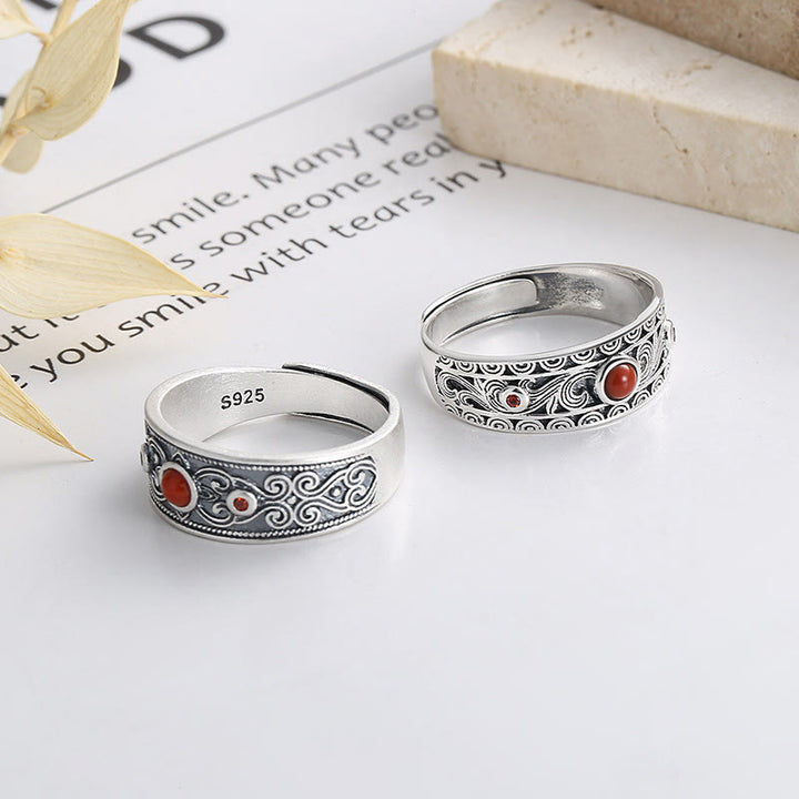 Ring mit Buddha-Steinen aus 925er Sterlingsilber mit eingebettetem rotem Achat und glückverheißenden Wolken für logisches Denken - image 6