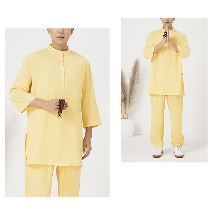 Buddha Stones 2-teiliges Set mit Knöpfen für Herren, Dreiviertelärmel, Hemd, Oberteil und Hose, Meditation, Zen, Tai Chi, Baumwoll-Leinen - image 12