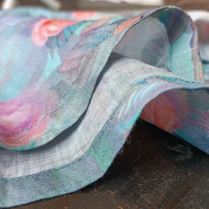 Buddha-Steine, rosa Blumen, grüne Blätter, Druck, Froschknopf-Design, langärmeliges Ramie-Leinen-Jackenhemd - image 15