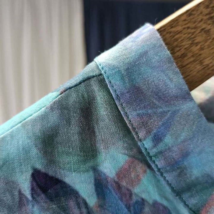 Buddha-Steine, rosa Blumen, grüne Blätter, Druck, Froschknopf-Design, langärmeliges Ramie-Leinen-Jackenhemd - image 11