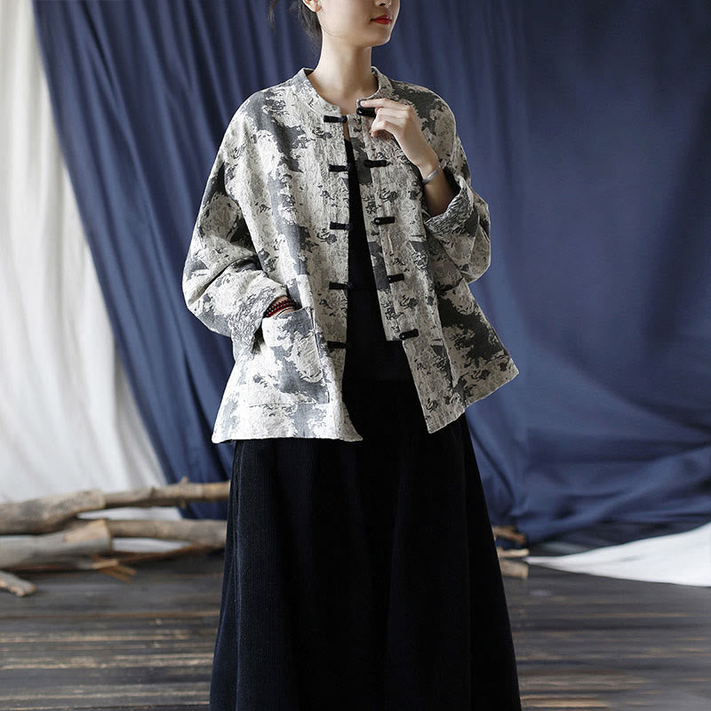 Buddha Stones Schwarz-Grau-Druck Froschknopf-Design Langärmliges Baumwoll-Leinen-Jackenhemd mit Taschen - image 32