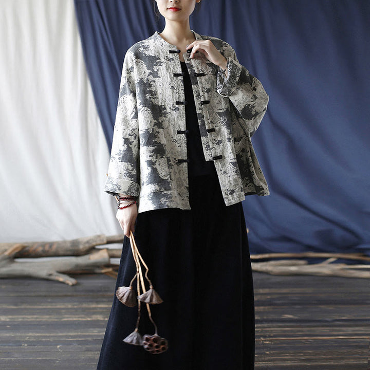 Buddha Stones Schwarz-Grau-Druck Froschknopf-Design Langärmliges Baumwoll-Leinen-Jackenhemd mit Taschen - image 30