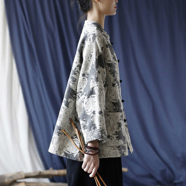 Buddha Stones Schwarz-Grau-Druck Froschknopf-Design Langärmliges Baumwoll-Leinen-Jackenhemd mit Taschen - image 3