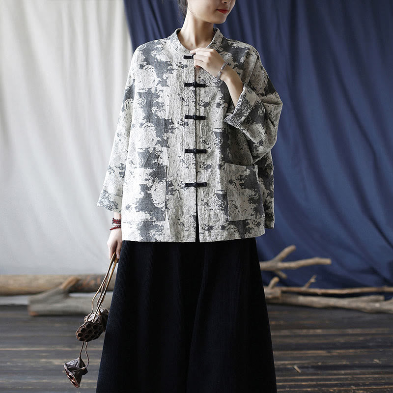 Buddha Stones Schwarz-Grau-Druck Froschknopf-Design Langärmliges Baumwoll-Leinen-Jackenhemd mit Taschen - image 34