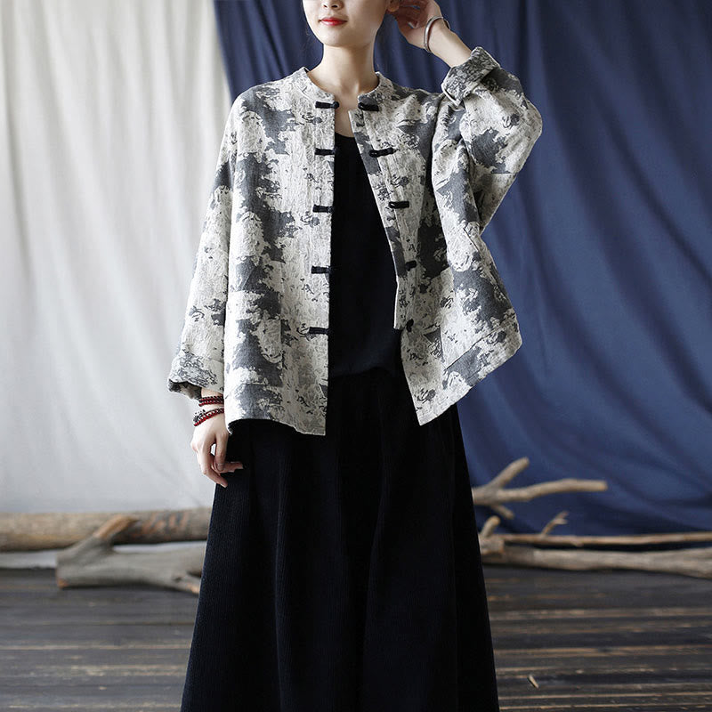 Buddha Stones Schwarz-Grau-Druck Froschknopf-Design Langärmliges Baumwoll-Leinen-Jackenhemd mit Taschen - image 37