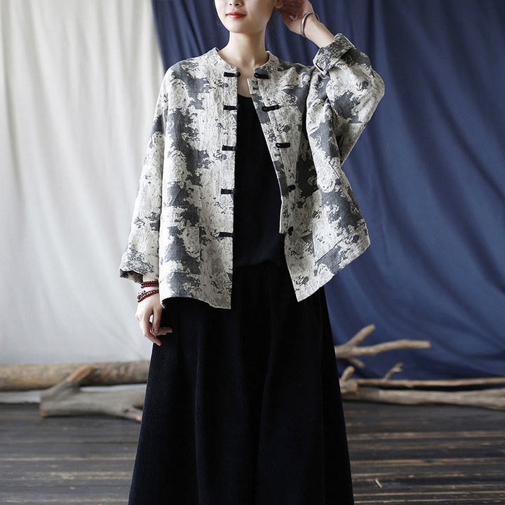 Buddha Stones Schwarz-Grau-Druck Froschknopf-Design Langärmliges Baumwoll-Leinen-Jackenhemd mit Taschen - image 37