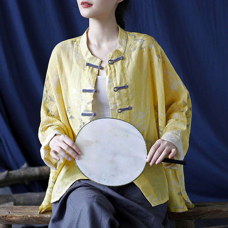 Buddha Stones Gelber Phönix-Druck Froschknopf-Design Langärmliges Ramie-Leinen-Jackenhemd - image 7