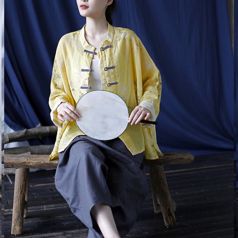 Buddha Stones Gelber Phönix-Druck Froschknopf-Design Langärmliges Ramie-Leinen-Jackenhemd - image 21