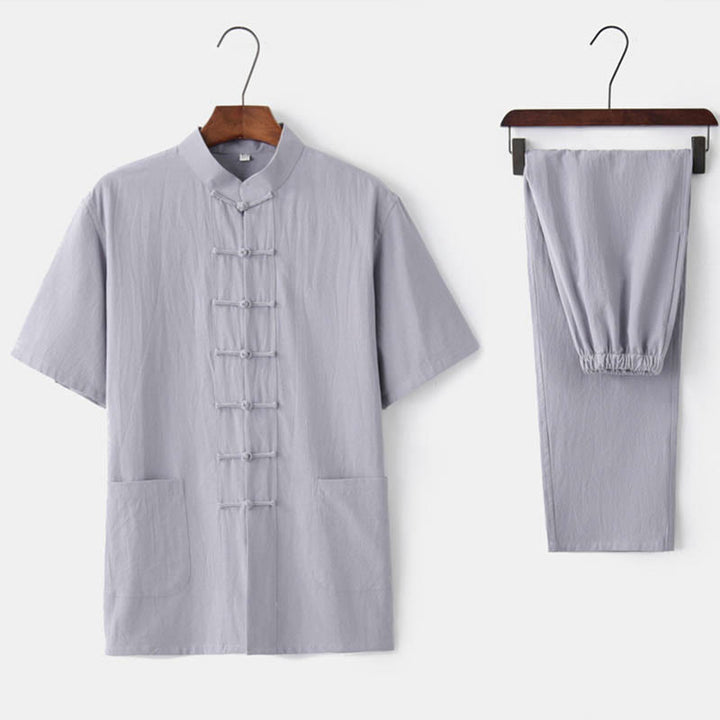 Buddha Stones Einfarbiger Tang-Anzug mit Froschknöpfen Traditionelles Kurzarm-Oberteil und Hose aus Baumwolle und Leinen für Herren - Grau (Oberteil und Hose) - US/ UK/AU44,EU54 (4XL)  - image 2