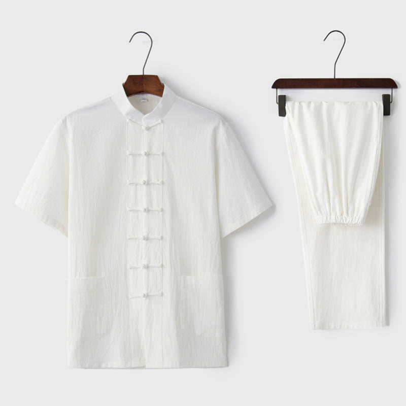 Buddha Stones Einfarbiger Tang-Anzug mit Froschknöpfen Traditionelles Kurzarm-Oberteil und Hose aus Baumwolle und Leinen für Herren - Weiß (Oberteil und Hose) - US/ UK/AU44,EU54 (4XL)  - image 5