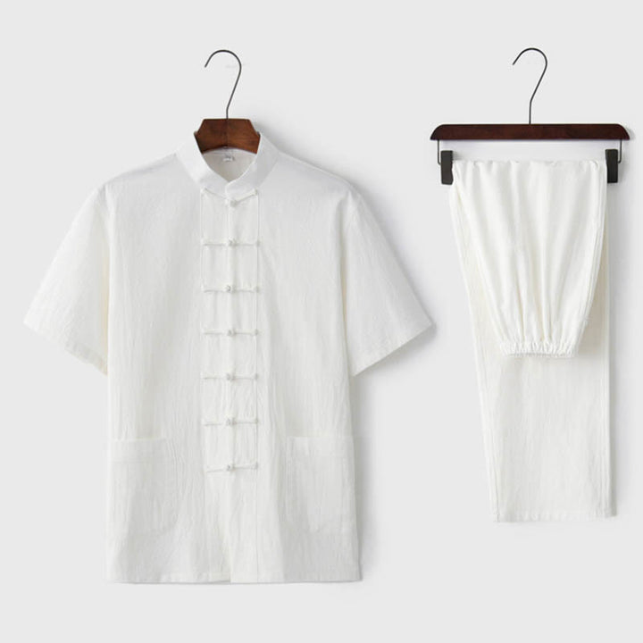 Buddha Stones Einfarbiger Tang-Anzug mit Froschknöpfen Traditionelles Kurzarm-Oberteil und Hose aus Baumwolle und Leinen für Herren - Weiß (Oberteil und Hose) - US/ UK/AU44,EU54 (4XL)  - image 5