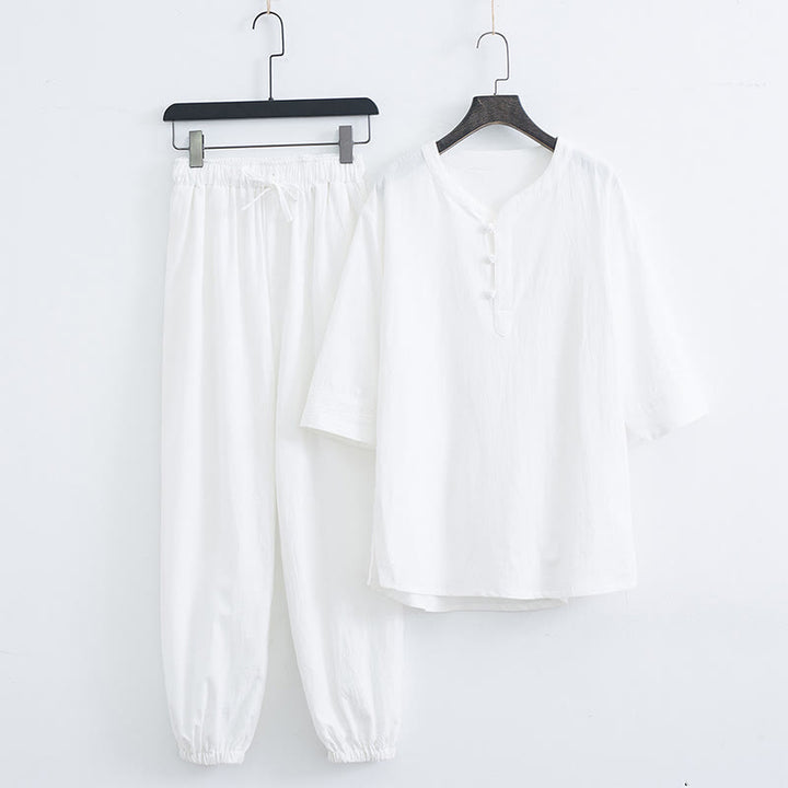 Buddha Stones Einfarbiges traditionelles Kurzarm-T-Shirt aus Baumwolle und Leinen für Herren - Weiß (Oberteil und Hose) - US/ UK/AU44,EU54 (4XL) - image 8