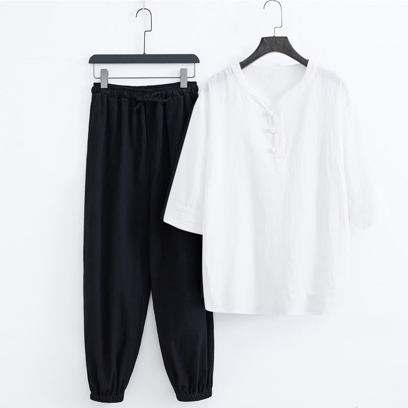 Buddha Stones Einfarbiges traditionelles Kurzarm-T-Shirt aus Baumwolle und Leinen für Herren - Weißes Hemd und schwarze Hose (Oberteil und Hose) - US/ UK/AU44,EU54 (4XL) - image 11