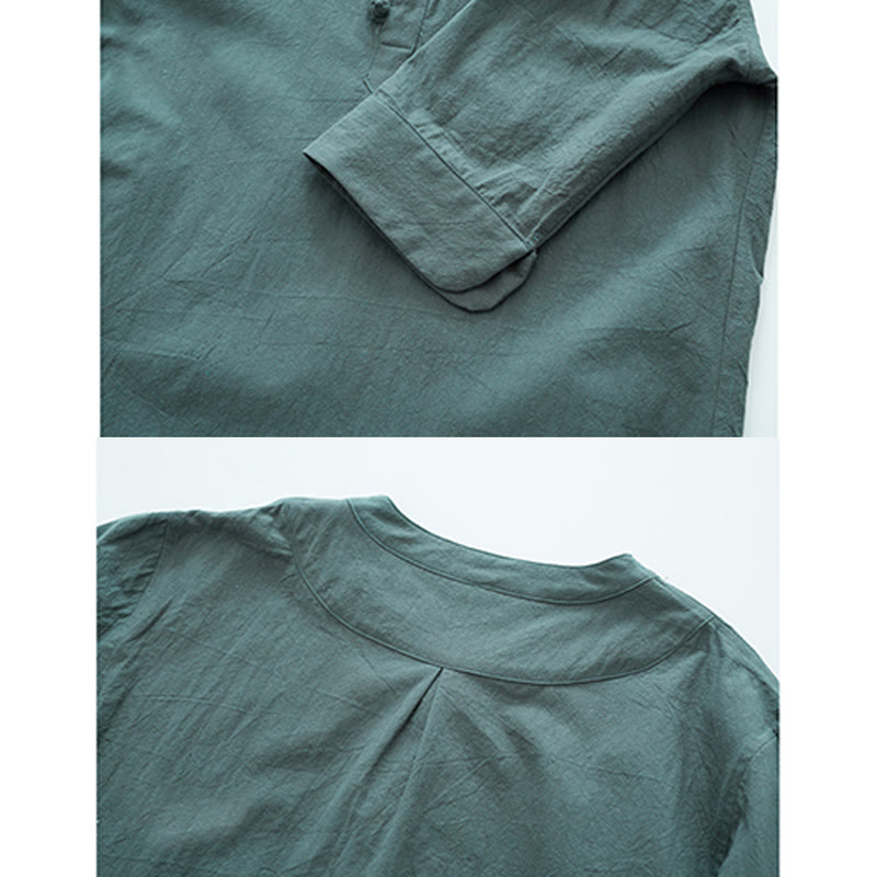 Buddha Stones Einfarbiges traditionelles Kurzarm-T-Shirt aus Baumwolle und Leinen für Herren - image 3