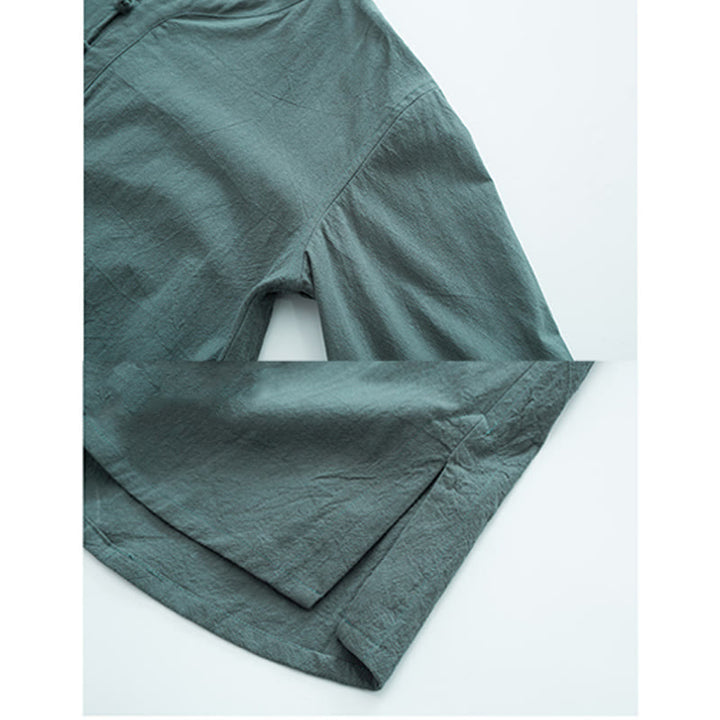 Buddha Stones Einfarbiges traditionelles Kurzarm-T-Shirt aus Baumwolle und Leinen für Herren - image 2