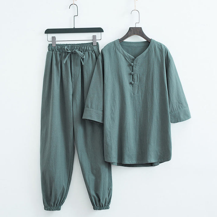 Buddha Stones Einfarbiges traditionelles Kurzarm-T-Shirt aus Baumwolle und Leinen für Herren - Grün (Oberteil und Hose) - US/ UK/AU44,EU54 (4XL) - image 0