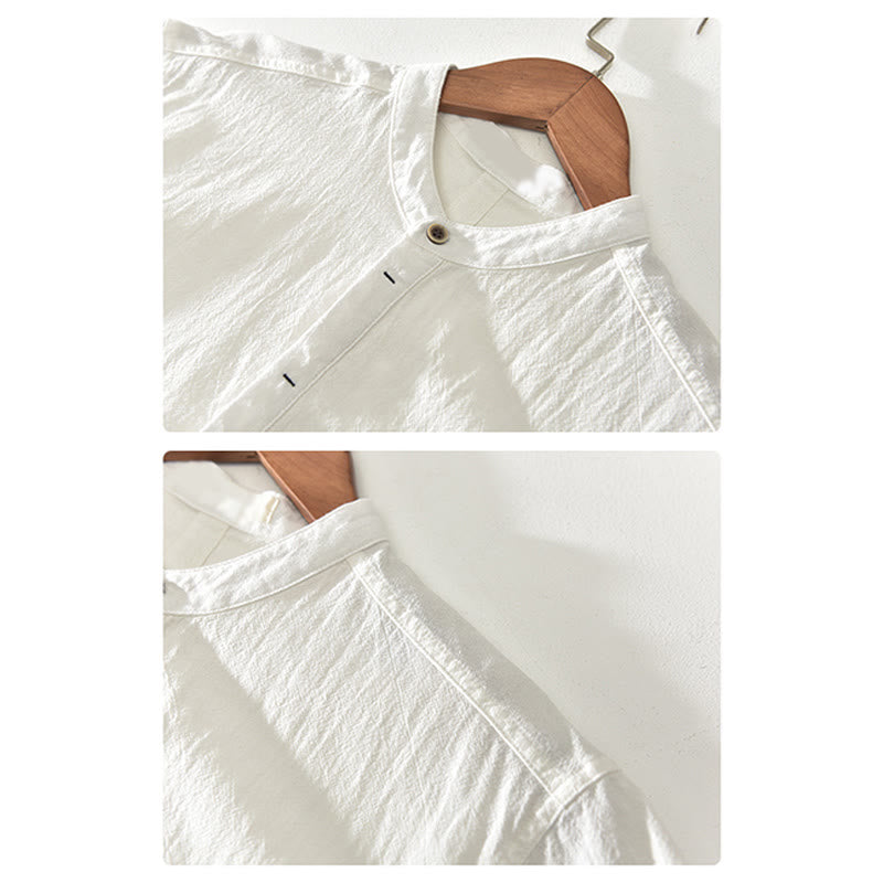 Buddha Stones Einfarbig Kurzarm Halbknopf Hemd Baumwolle Leinen Herren Kleidung - image 10