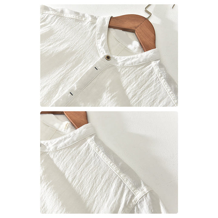 Buddha Stones Einfarbig Kurzarm Halbknopf Hemd Baumwolle Leinen Herren Kleidung - image 10