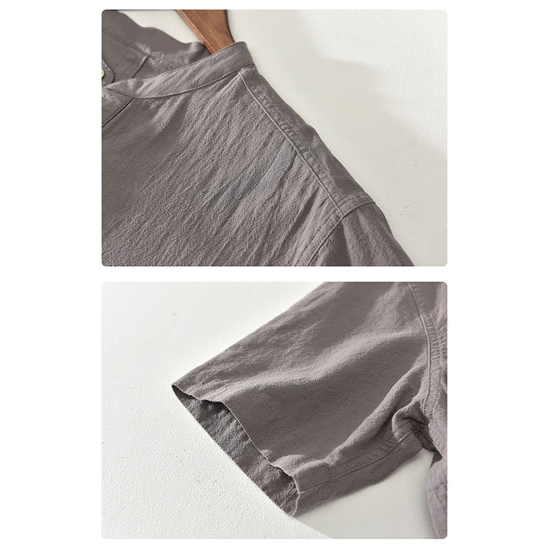 Buddha Stones Einfarbig Kurzarm Halbknopf Hemd Baumwolle Leinen Herren Kleidung - image 14