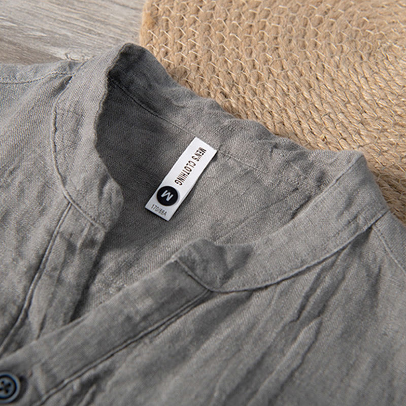 Buddha Stones Einfarbig Kurzarm Halbknopf Hemd Baumwollleinen Herren Kleidung - image 3