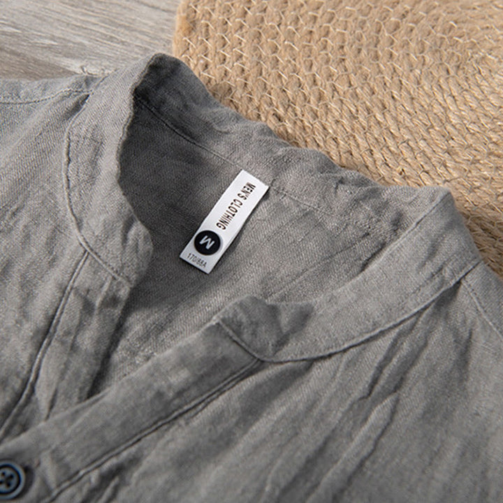 Buddha Stones Einfarbig Kurzarm Halbknopf Hemd Baumwollleinen Herren Kleidung - image 3