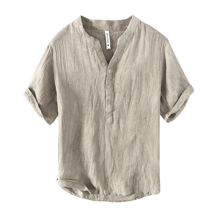 Buddha Stones Einfarbig Kurzarm Halbknopf Hemd Baumwollleinen Herren Kleidung - image 19