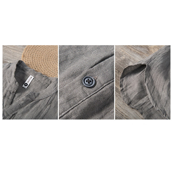 Buddha Stones Einfarbig Kurzarm Halbknopf Hemd Baumwollleinen Herren Kleidung - image 11