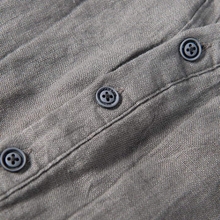 Buddha Stones Einfarbig Kurzarm Halbknopf Hemd Baumwollleinen Herren Kleidung - image 6