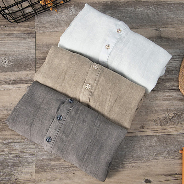 Buddha Stones Einfarbig Kurzarm Halbknopf Hemd Baumwollleinen Herren Kleidung - image 1