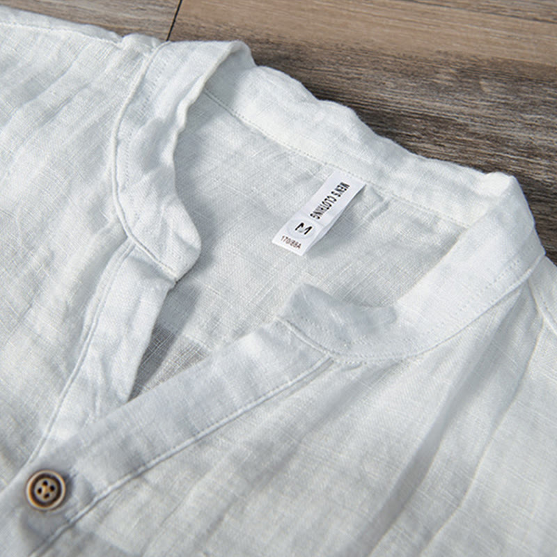 Buddha Stones Einfarbig Kurzarm Halbknopf Hemd Baumwollleinen Herren Kleidung - image 13