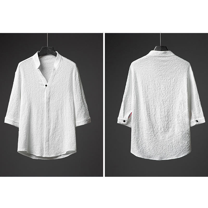 Buddha Stones 2-teiliges Herren-Set mit einfarbiger Textur, Knopfleiste, halblangen Ärmeln, Hemd und Hose - image 8