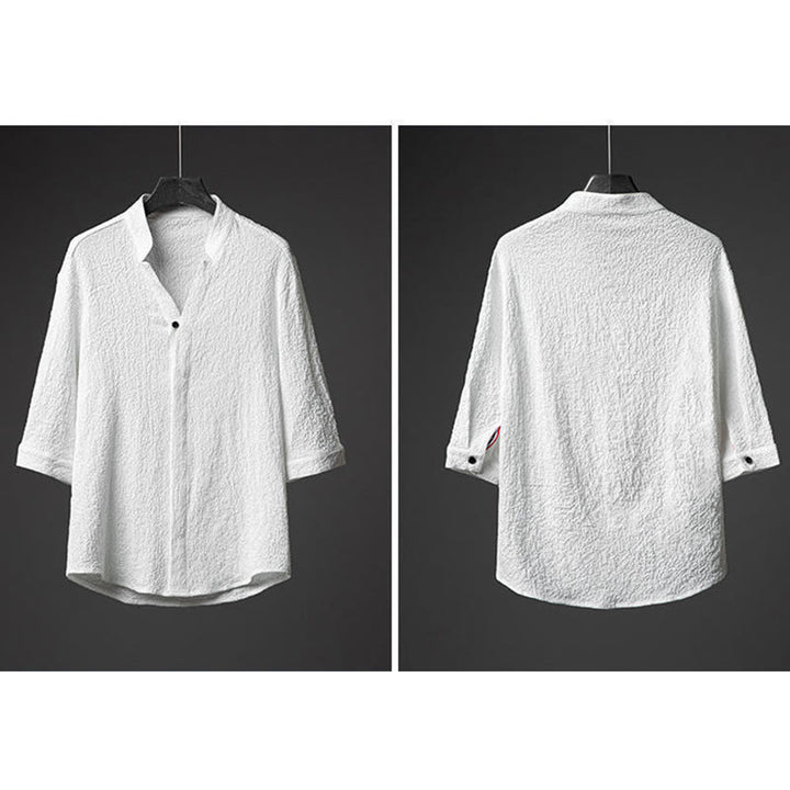 Buddha Stones 2-teiliges Herren-Set mit einfarbiger Textur, Knopfleiste, halblangen Ärmeln, Hemd und Hose - image 8