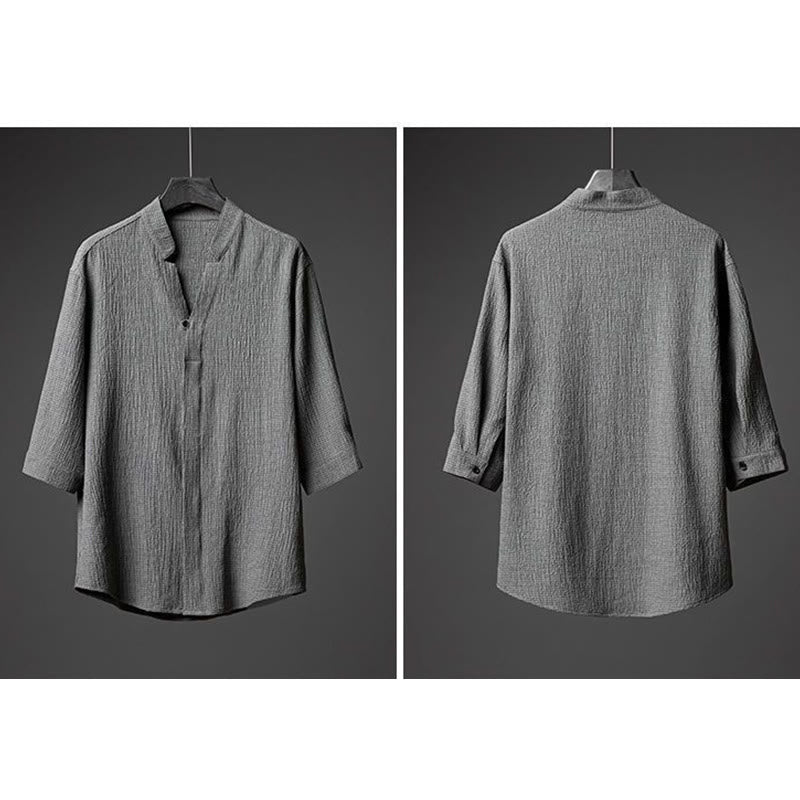 Buddha Stones 2-teiliges Herren-Set mit einfarbiger Textur, Knopfleiste, halblangen Ärmeln, Hemd und Hose - image 1