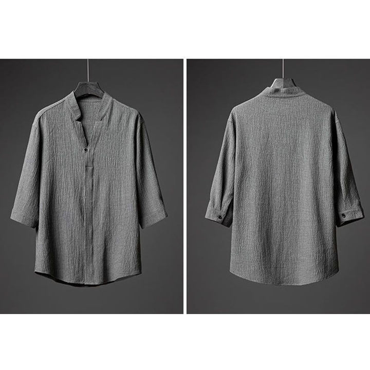 Buddha Stones 2-teiliges Herren-Set mit einfarbiger Textur, Knopfleiste, halblangen Ärmeln, Hemd und Hose - image 1