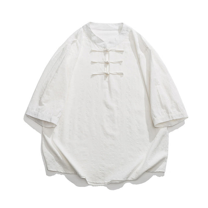 Buddha Stones Froschknopf Karomuster Chinesischer Tang-Anzug Halbarmhemd Baumwolle Leinen Herrenbekleidung