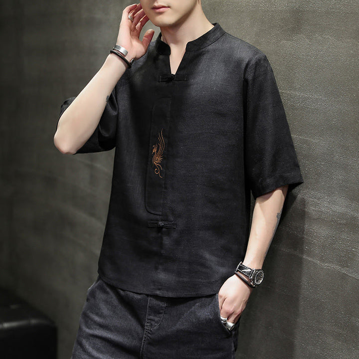 Buddha-Steine, Frosch-Knopf, Phönix-Stickerei, chinesischer Tang-Anzug, kurzärmeliges Hemd aus Baumwolle und Leinen für Herren - image 18