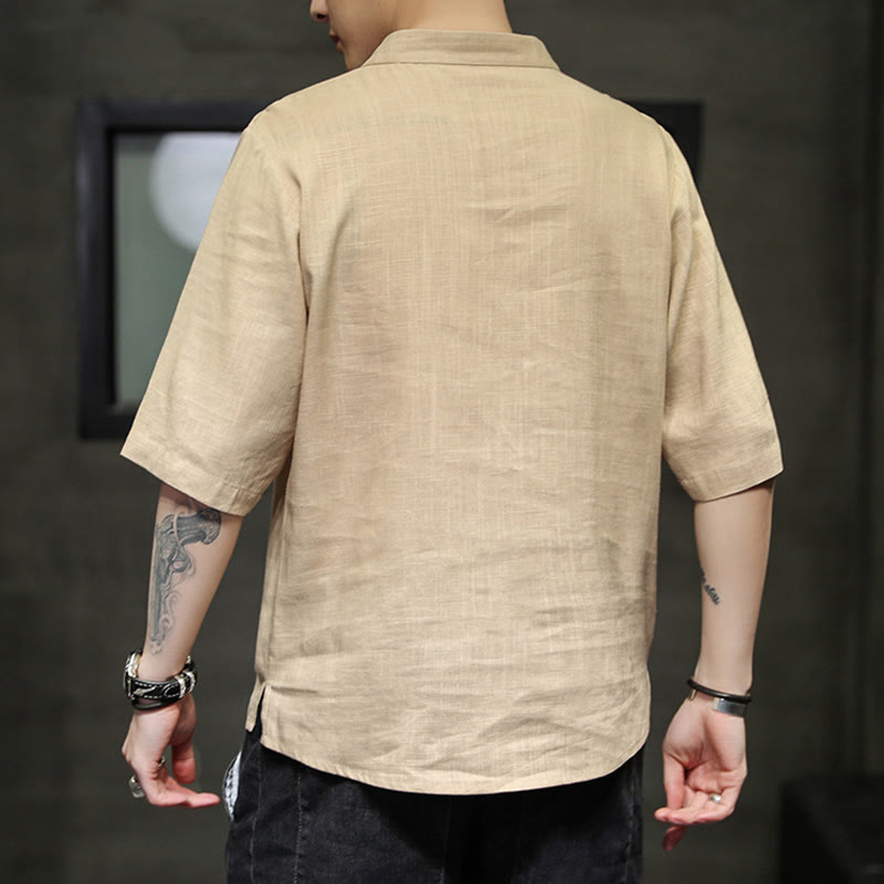 Buddha-Steine, Frosch-Knopf, Phönix-Stickerei, chinesischer Tang-Anzug, kurzärmeliges Hemd aus Baumwolle und Leinen für Herren - image 13