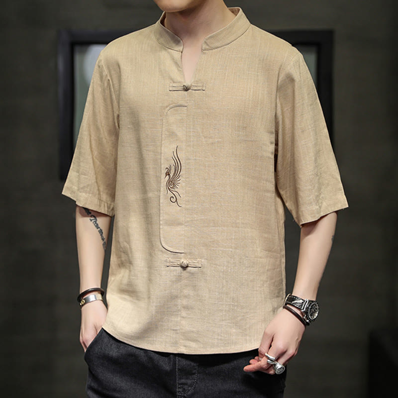 Buddha-Steine, Frosch-Knopf, Phönix-Stickerei, chinesischer Tang-Anzug, kurzärmeliges Hemd aus Baumwolle und Leinen für Herren - image 15