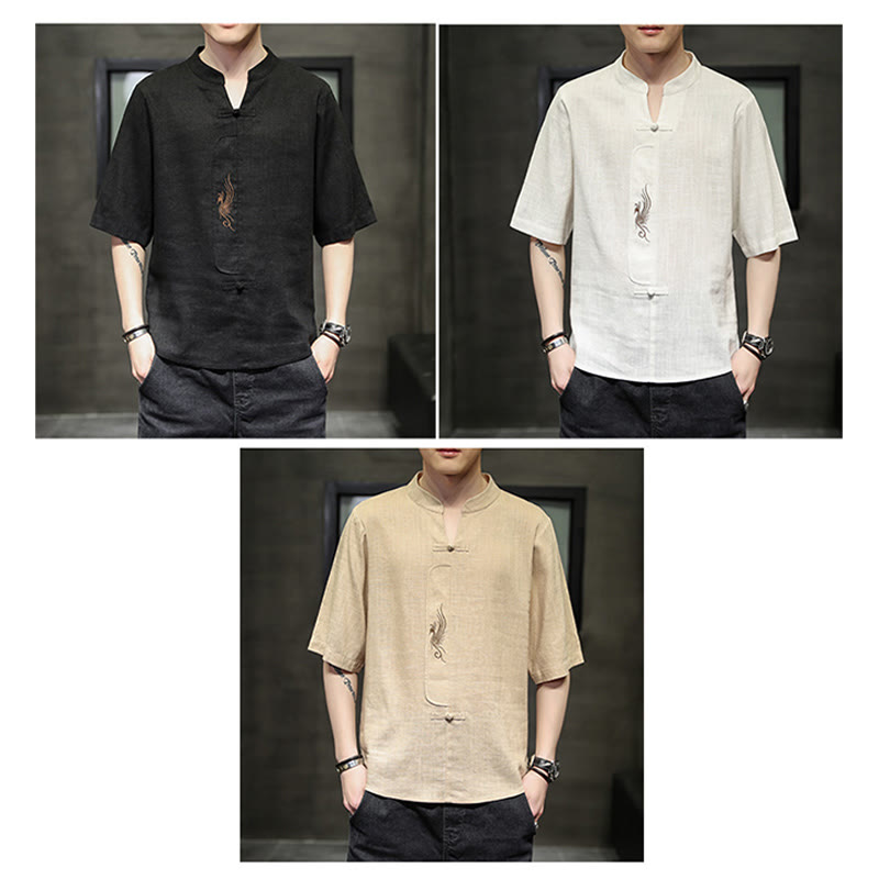 Buddha-Steine, Frosch-Knopf, Phönix-Stickerei, chinesischer Tang-Anzug, kurzärmeliges Hemd aus Baumwolle und Leinen für Herren - image 25