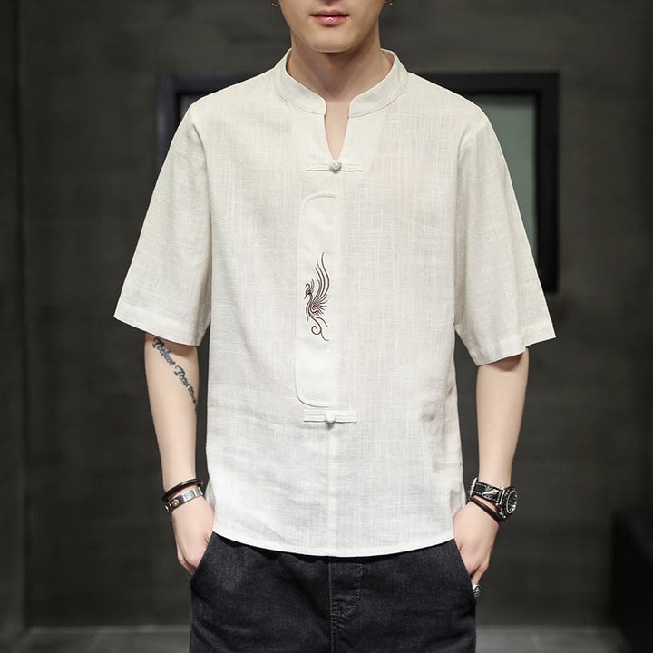 Buddha-Steine, Frosch-Knopf, Phönix-Stickerei, chinesischer Tang-Anzug, kurzärmeliges Hemd aus Baumwolle und Leinen für Herren - image 2