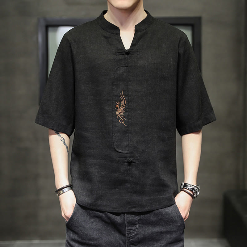 Buddha-Steine, Frosch-Knopf, Phönix-Stickerei, chinesischer Tang-Anzug, kurzärmeliges Hemd aus Baumwolle und Leinen für Herren - Schwarz - US/ UK/AU46,EU56 (5XL) - image 17