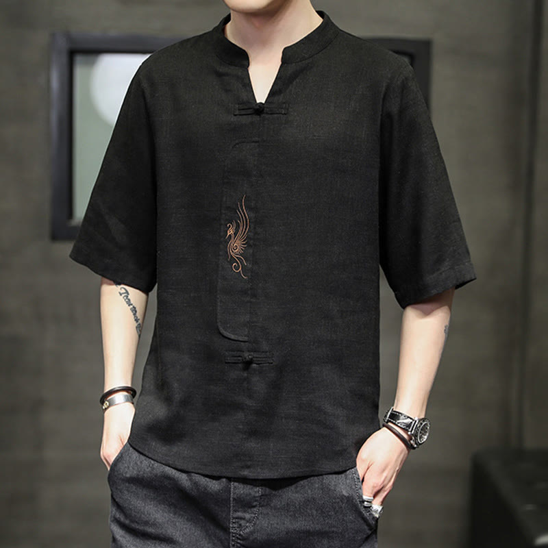 Buddha-Steine, Frosch-Knopf, Phönix-Stickerei, chinesischer Tang-Anzug, kurzärmeliges Hemd aus Baumwolle und Leinen für Herren - image 21