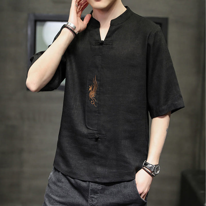 Buddha-Steine, Frosch-Knopf, Phönix-Stickerei, chinesischer Tang-Anzug, kurzärmeliges Hemd aus Baumwolle und Leinen für Herren - image 23