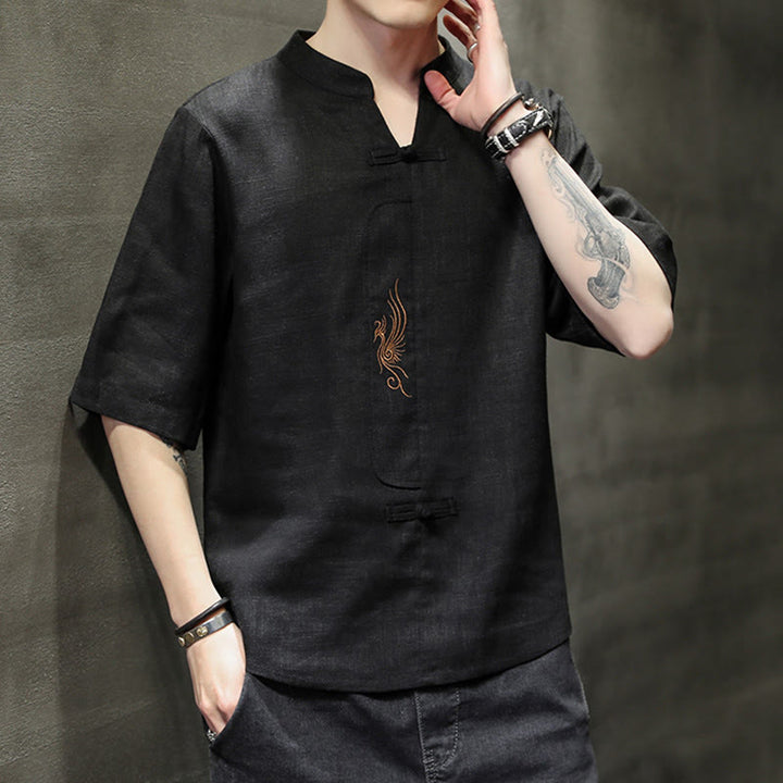 Buddha-Steine, Frosch-Knopf, Phönix-Stickerei, chinesischer Tang-Anzug, kurzärmeliges Hemd aus Baumwolle und Leinen für Herren - image 19