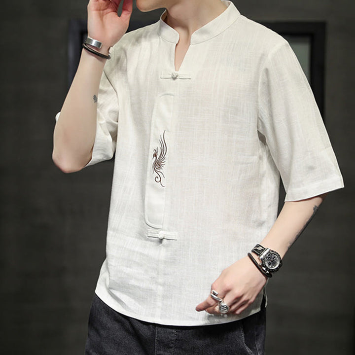 Buddha-Steine, Frosch-Knopf, Phönix-Stickerei, chinesischer Tang-Anzug, kurzärmeliges Hemd aus Baumwolle und Leinen für Herren - image 8