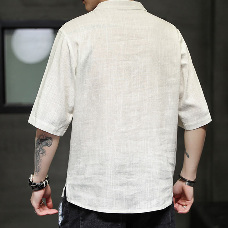 Buddha-Steine, Frosch-Knopf, Phönix-Stickerei, chinesischer Tang-Anzug, kurzärmeliges Hemd aus Baumwolle und Leinen für Herren - image 3