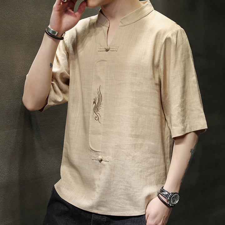 Buddha-Steine, Frosch-Knopf, Phönix-Stickerei, chinesischer Tang-Anzug, kurzärmeliges Hemd aus Baumwolle und Leinen für Herren - image 14
