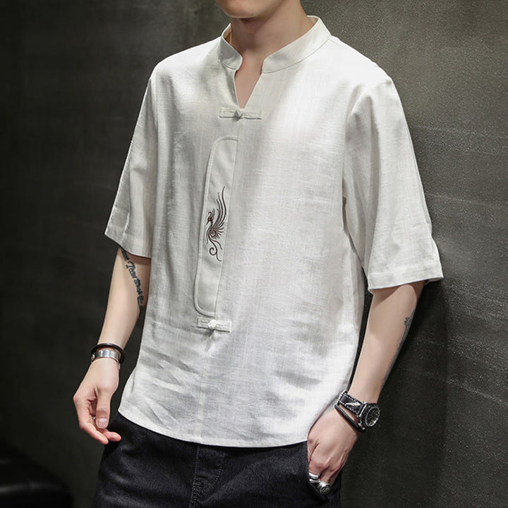 Buddha-Steine, Frosch-Knopf, Phönix-Stickerei, chinesischer Tang-Anzug, kurzärmeliges Hemd aus Baumwolle und Leinen für Herren - image 4