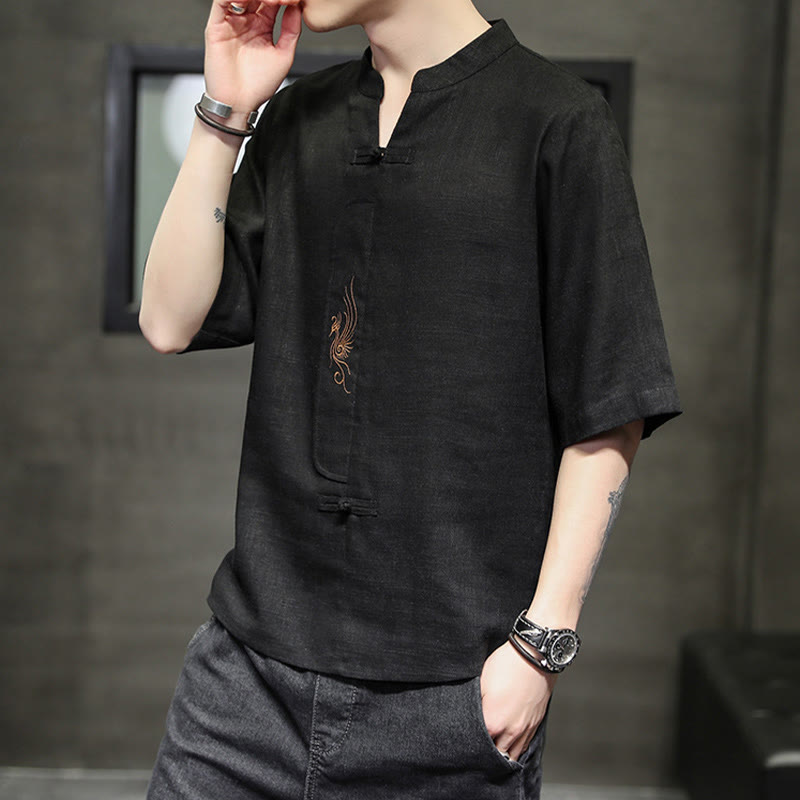 Buddha-Steine, Frosch-Knopf, Phönix-Stickerei, chinesischer Tang-Anzug, kurzärmeliges Hemd aus Baumwolle und Leinen für Herren - image 22